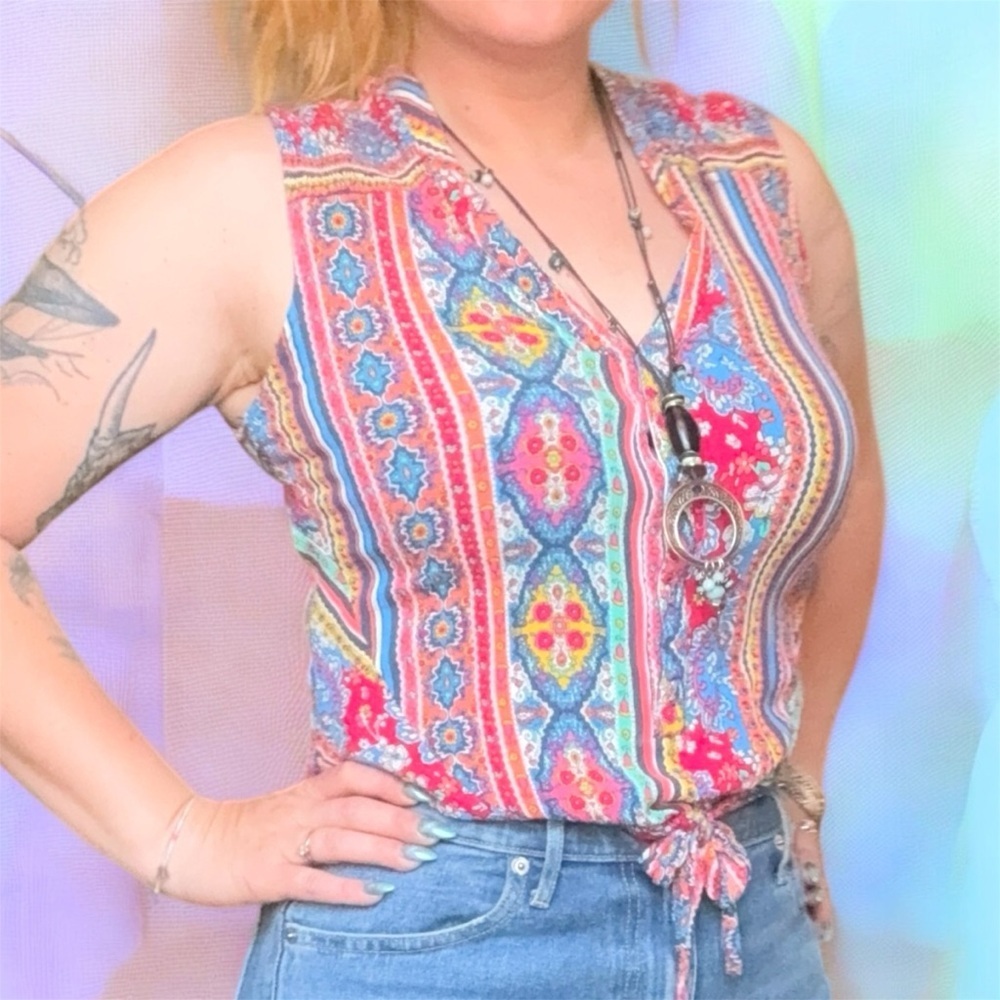 American Rag Colorful Sleeveless Boho Print Button Up Tie Front Peasant Sm Top - Picture 8 of 8